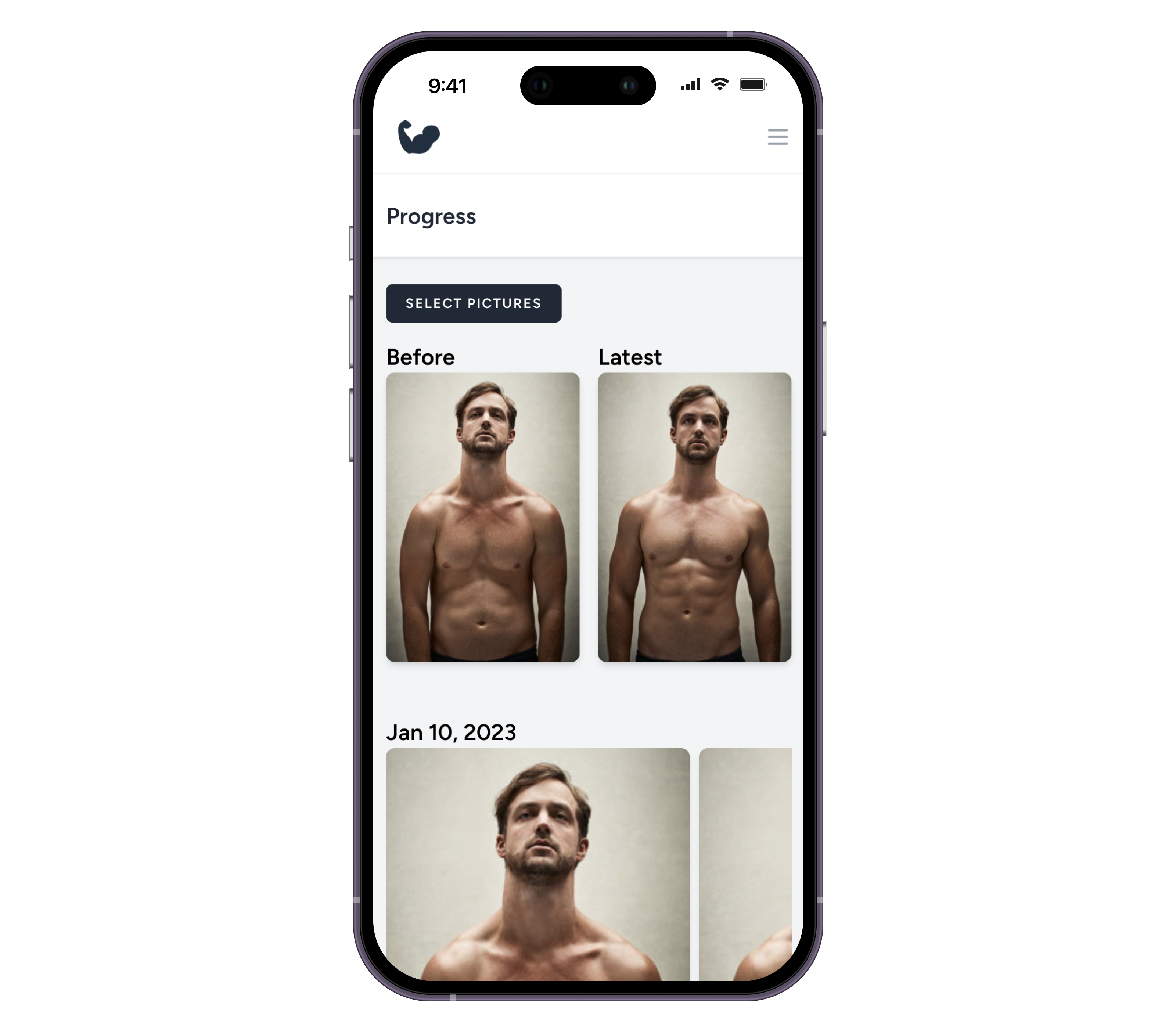 Before and after fitness pictures in the My Lift Log app